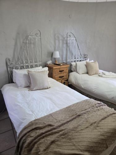 a bedroom with two beds and a dresser with a lamp at Sunset View River Guesthouse in Douglas