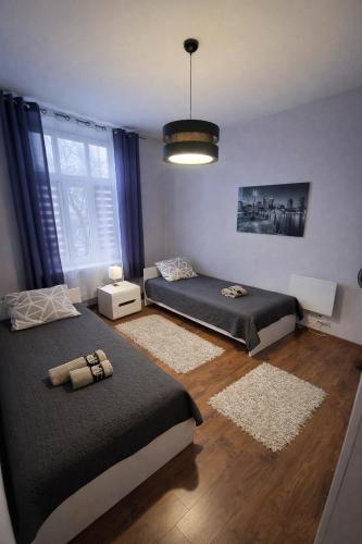 a bedroom with two beds and a window at Apartament Azyl in Przemyśl