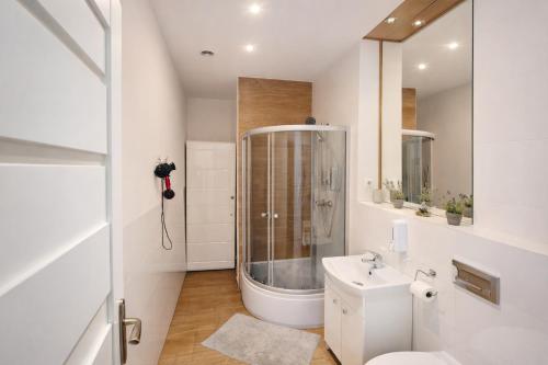 a bathroom with a shower and a toilet and a sink at Apartament Azyl in Przemyśl