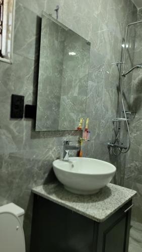 a bathroom with a white sink and a mirror at Ashe Oleng House in Arusha
