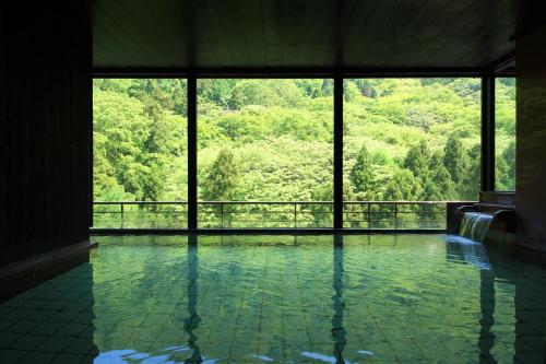 a swimming pool with a view of a waterfall at Kutsurogijuku Chiyotaki in Aizuwakamatsu