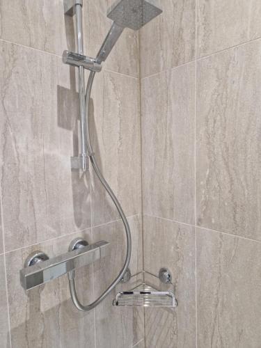 a shower with a shower head in a bathroom at Osterley Room in Isleworth