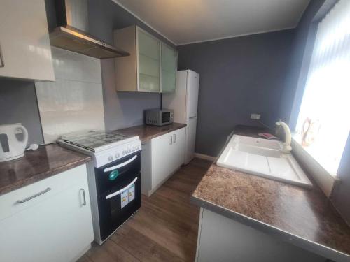 a small kitchen with a stove and a sink at Homely 2 Bedroom Dudley in Seaton Burn
