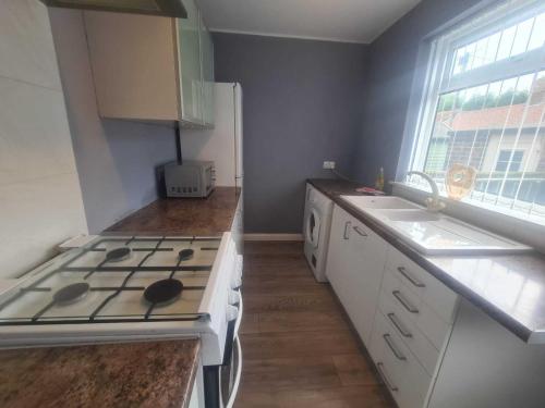 a kitchen with a stove top oven next to a sink at Homely 2 Bedroom Dudley in Seaton Burn