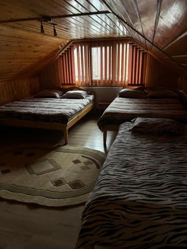 a room with three beds in a wooden cabin at Casa de vacanța Cristina in Cîmpu lui Neag