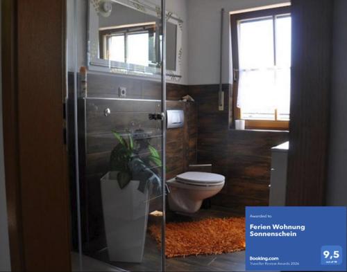 a bathroom with a toilet and a glass door at Ferien Wohnung Sonnenschein in Wechterswinkel