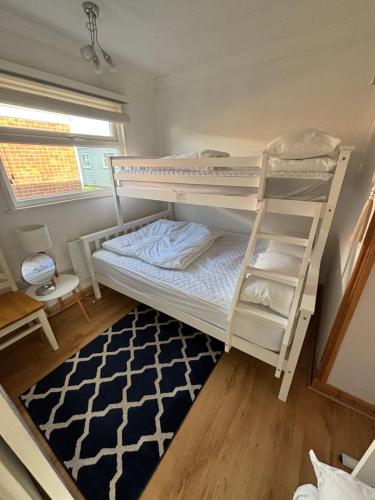 a bedroom with a bunk bed with a ladder at 145, Two bed newly refurbished chalet on Sund0wner Holiday Park - Sleeps 5, pet friendly - Includes bed linen and towels plus electricity in Great Yarmouth