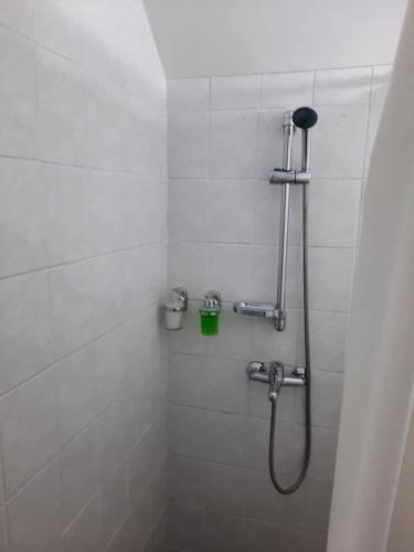 a white bathroom with a shower with a shower at Apartman Djokic 1 in Požarevac
