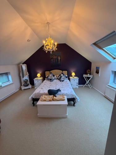 a large bedroom with a bed and a chandelier at The Old Workshop - Drift in Penzance