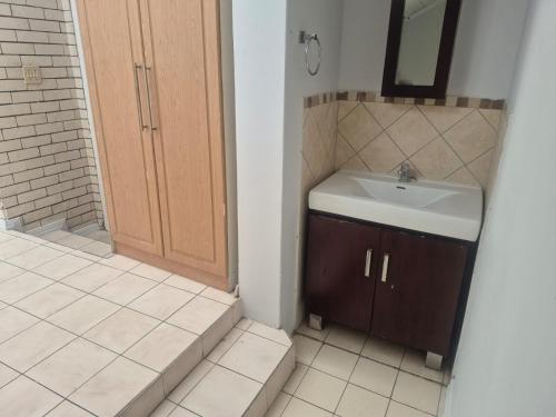 a bathroom with a sink and a mirror and a door at Maglovir Plumstead 5 rooms bulk in Plumstead
