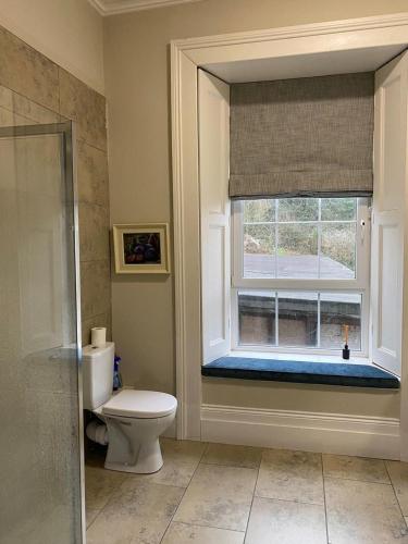 a bathroom with a toilet and a window at Anns Sea View Suite in Cobh