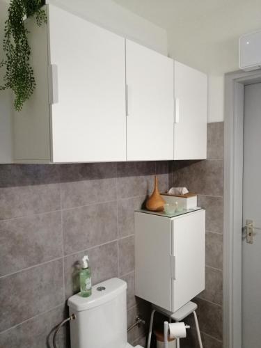 a bathroom with a toilet and white cabinets at Zee en Strand in De Panne