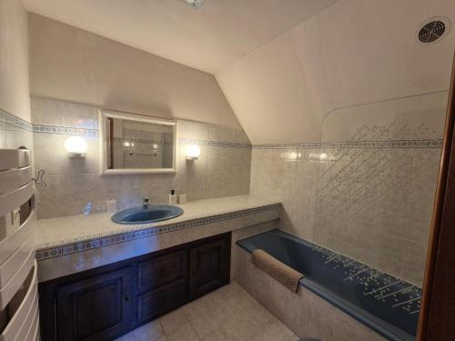 a bathroom with a blue tub and a sink at Le nid des Pyrénées in Vielle-Aure