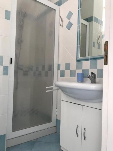 a bathroom with a glass shower and a sink at La Palma “Villa Nunzia” in Serrara Fontana