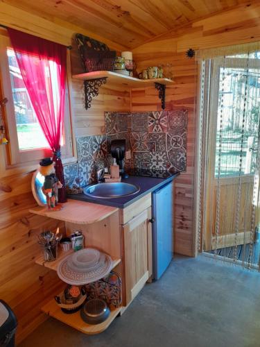 a kitchen with a sink in a log cabin at Roulotte Manoé in Liéoux
