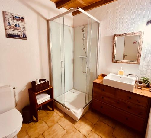 a bathroom with a shower and a sink at Gîte LES GOUTTES 2 chambres 2 SDB in Courzieu