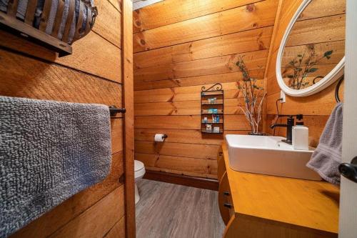 a bathroom with a sink and a mirror at Forget Me Not Aframe-Cave Run in Wellington