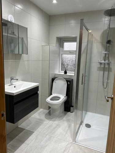 a bathroom with a toilet and a sink and a shower at Forest view in Staunton