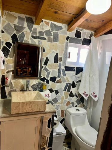 a bathroom with a toilet and a stone wall at Hotel La Leyenda Sonora in El Saucito