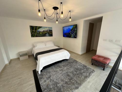 a bedroom with a bed and a chandelier at Apartamento duplex villa 19 de lujo in Armenia
