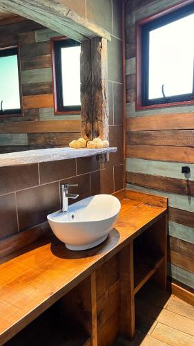 a bathroom with a white sink on a wooden counter at Rümü in Pucón