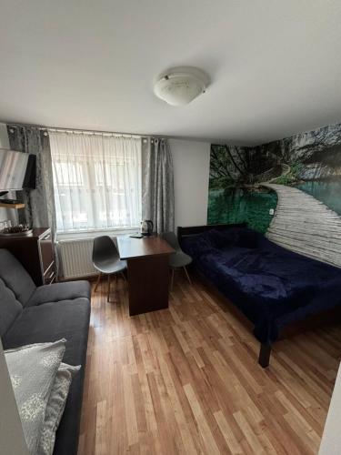 a bedroom with a bed and a table and a couch at Abba -pokoje wakacyjne in Wisła