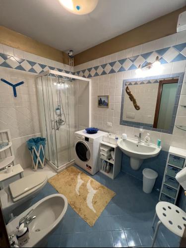 a bathroom with a shower and a sink and a toilet at Casa Marisa in Monteviale
