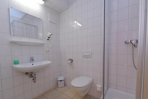 een badkamer met een toilet, een wastafel en een douche bij Internationales Gästehaus in Jena