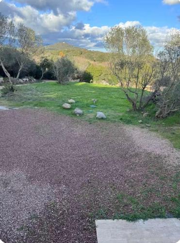 un vialetto di ghiaia con un campo di erba e alberi di Charmant T2 a Sotta
