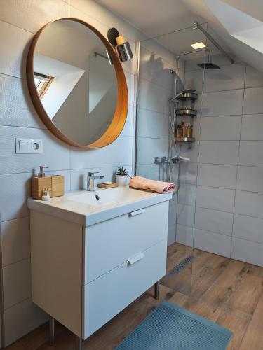 a bathroom with a sink and a mirror at Csergeteg Családi szállás in Ciceu