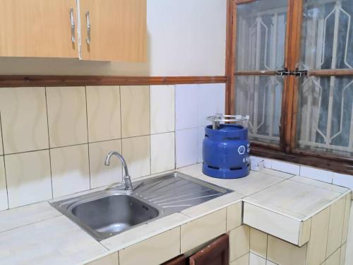 a kitchen sink with a blue appliance on the counter at Ark House in Soroti