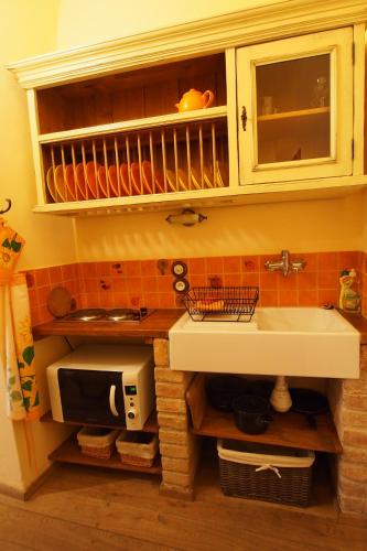 a kitchen with a sink and a microwave at Apartmány Reve in Třeboň