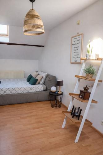 a living room with a bed and a shelf at La maison des Oiseaux in Martelange