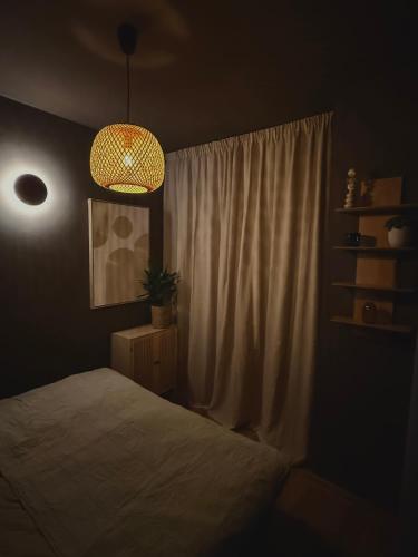 a bedroom with a bed and a chandelier at Cozy Apartment - Netflix & Free parking in Žilina
