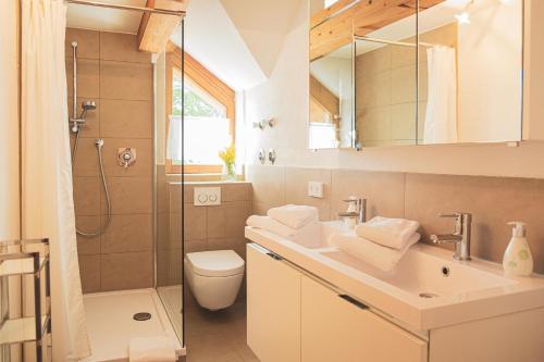 a bathroom with a sink and a toilet and a shower at Landhaus Alger in Immenstadt im Allgäu