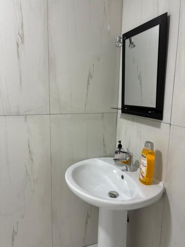 a white bathroom with a sink and a mirror at Bejart Apartment 9 in Tirana