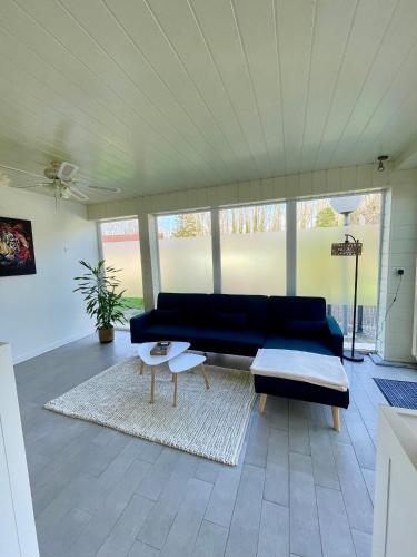 a living room with a blue couch and a rug at Gite OWEN in Bourbourg