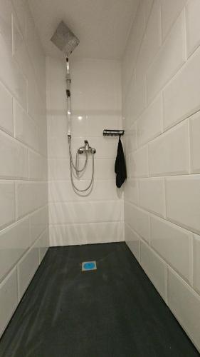 a room with a shower with a hose on the wall at L'écurie du Mas in Lamothe-Cassel
