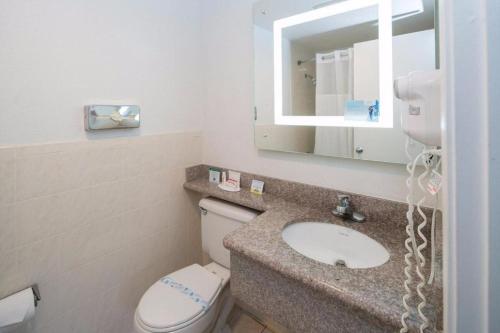 a bathroom with a toilet and a sink and a mirror at Symphony Inn in San Francisco