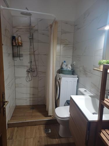 a bathroom with a shower and a toilet and a sink at Apartment with view at Olympus mountain in Litochoro