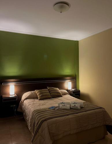 a bedroom with a large bed with a green wall at Hotel Suite y SPA VerdeSolaro in Villa Elisa