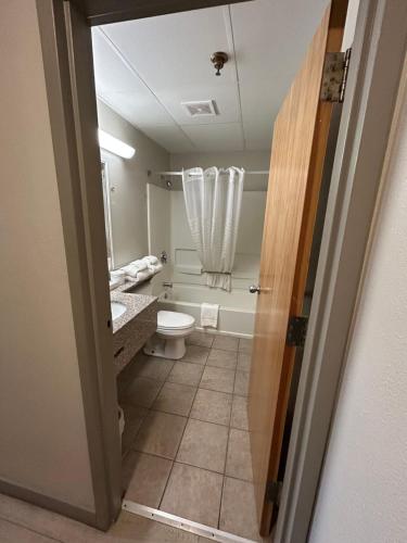 a bathroom with a toilet and a bath tub at Park Inn in Colchester