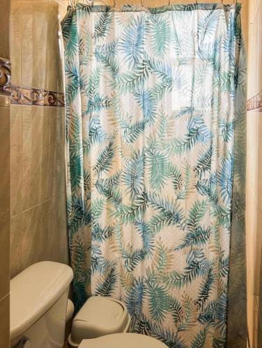 a bathroom with a toilet and a shower curtain at Casa Natalia Welcome in La Paz