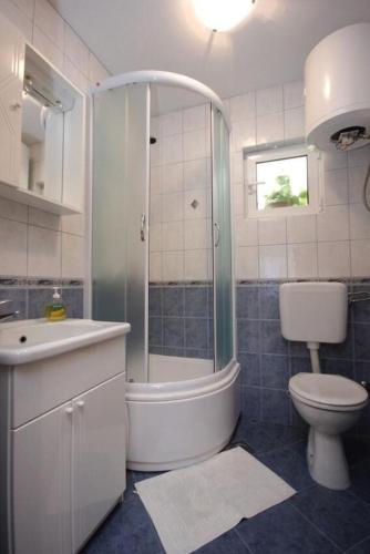 a bathroom with a shower and a toilet and a sink at Apartments Zoki in Vis