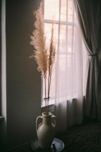 a vase with feathers in it on a table near a window at Object Hotel 2BR Room 2A in Bisbee