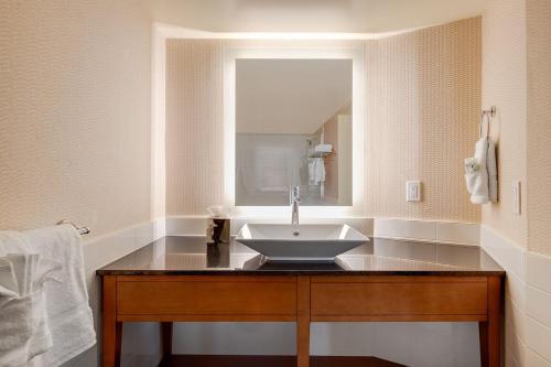 a bathroom with a sink and a mirror at Cormorant Boutique Hotel in San Diego