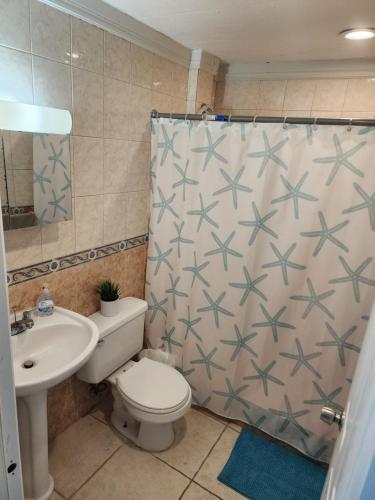 a bathroom with a toilet and a shower curtain at Ola Azul Apartment in Punta Santiago