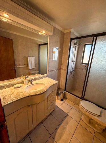 a bathroom with a sink and a shower and a toilet at Departamento La Serena Vista al Mar in La Serena