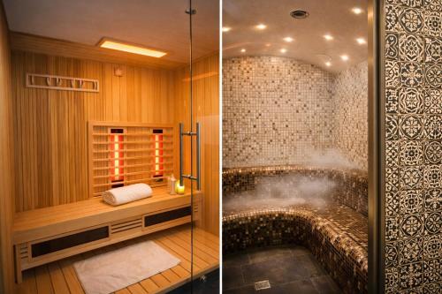 two pictures of a bathroom with a shower at HOTEL Amber Suite & SPA - Enklawa dla Dorosłych in Międzywodzie