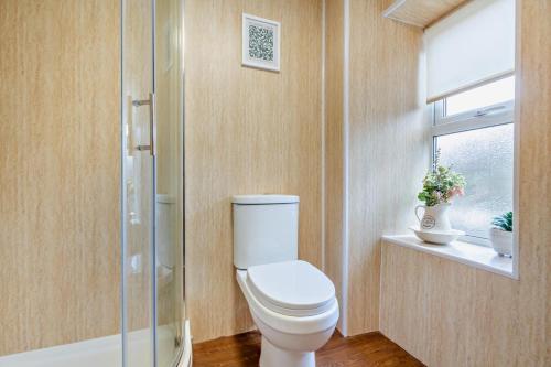 a bathroom with a toilet and a glass shower at 3 Bed in Llanbedr oc-t28932 in Llanbedr